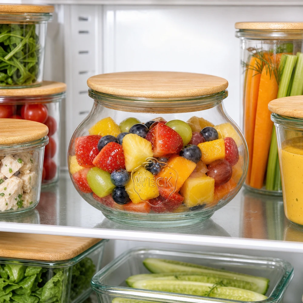 Frasco de armazenamento WECK 560ml RR80 com tampa de madeira cheio de salada de frutas no frigorífico armazenamento organizado de alimentos