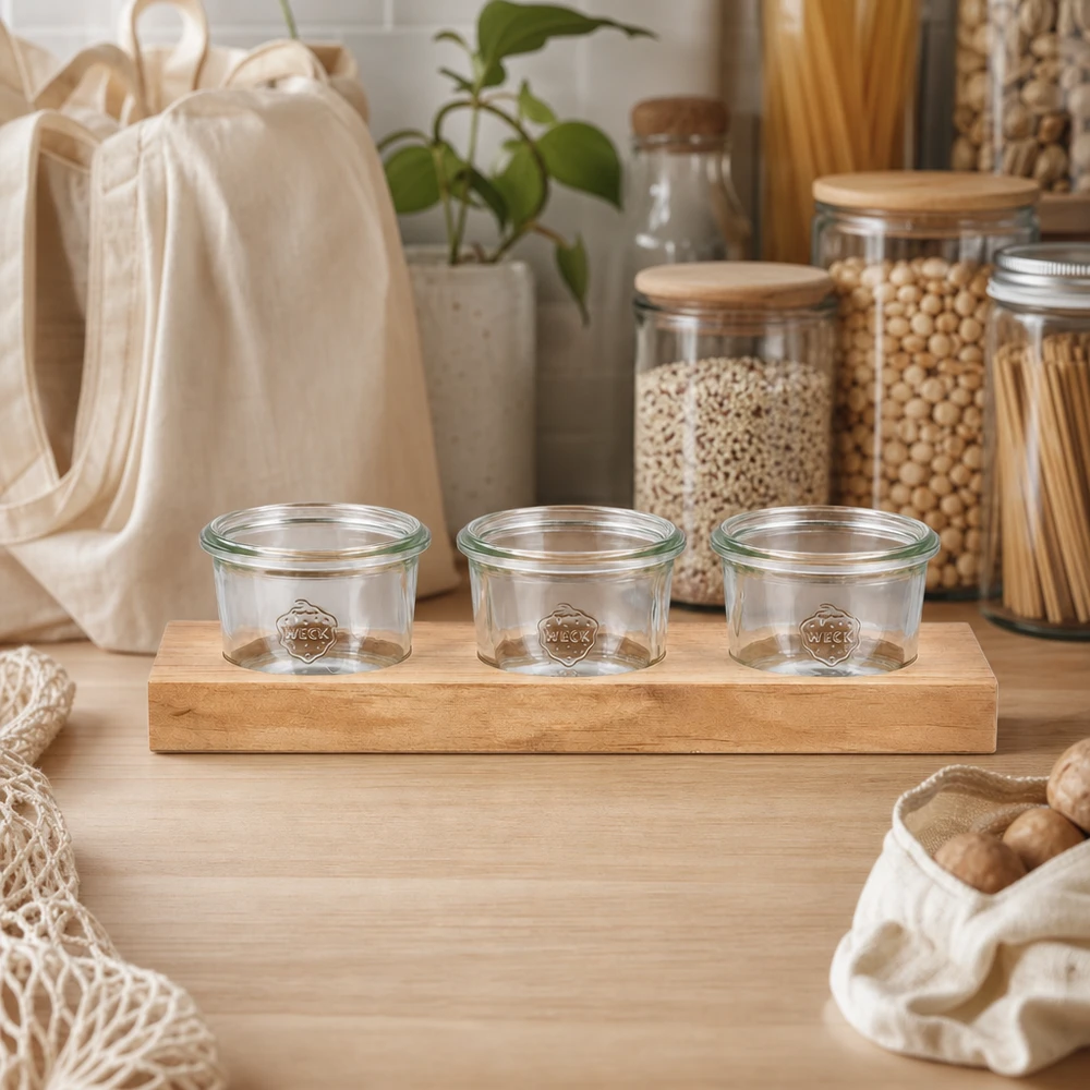 Tábua de servir sustentável Plano3 com 3 copos vazios de 80 ml da Weck numa cozinha sem desperdício com frascos de arrumação