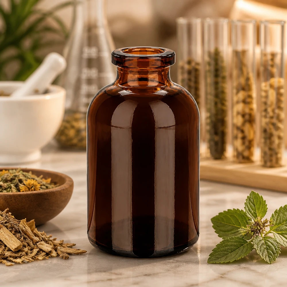 Frasco de injeção de vidro âmbar 30ml Injektionsflasche Braunglas 30ml für Kräuterextrakte auf Marmorunterlage mit Mörser im Hintergrund