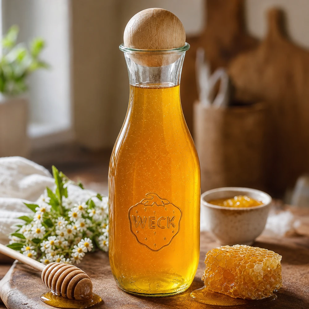 Garrafa de sumo de 1062 ml WECK RR60 com bola de madeira em faia Garrafa de sumo WECK de 1062 ml cheia de mel ao lado de uma colher de mel de madeira em forma de favo de mel e flores de camomila numa mesa de madeira
