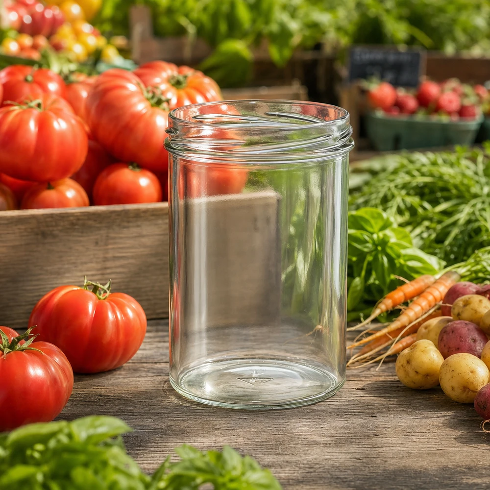 Copos de vidro de 435ml sem tampa (TO82) UNiTWIST Frasco de conserva UNiTWIST Sturz435 435ml TO82 em cima de uma mesa de madeira com tomates frescos, cenouras e ervas aromáticas do jardim