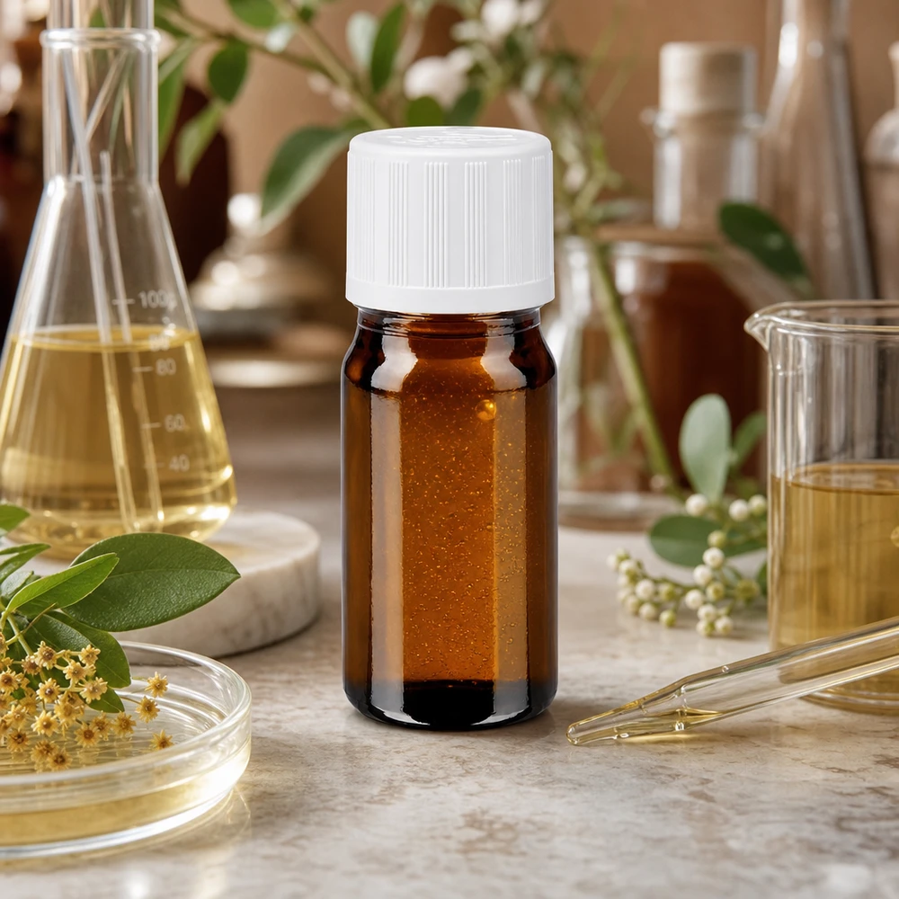 Frasco de farmácia castanho 5ml com tampa de rosca branca resistente a crianças Frasco de farmácia castanho de 5 ml com tampa de segurança para crianças branca, rodeado por provetas de laboratório e plantas medicinais