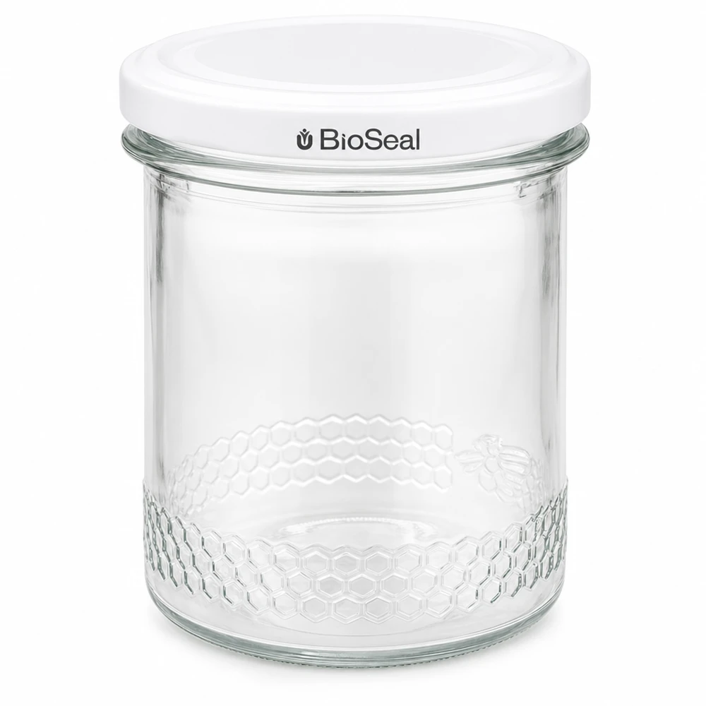 560g Honigglas + BioSeal Deckel weiß UNiTWIST Frasco de mel de 400 ml com tampa BioSeal branca Frasco de conservação UNiTWIST material para apicultura embalagem de vidro