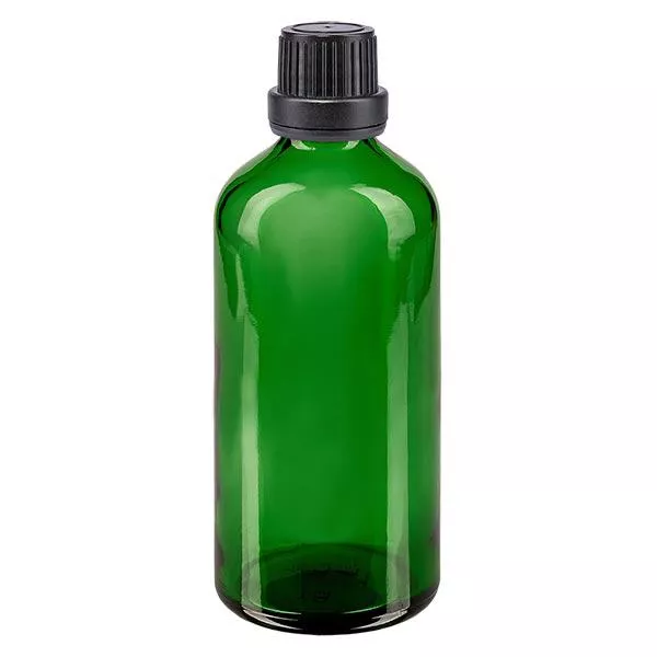 Frasco de farmácia verde 100ml tampa de rosca preta fecho inviolável Frasco de farmácia verde 100ml tampa de rosca preta fecho inviolável