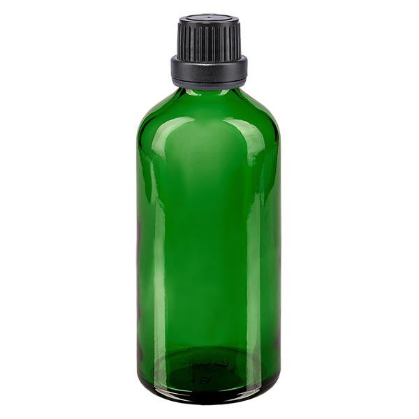 Frasco de farmácia verde 100ml tampa de rosca preta fecho inviolável Frasco de farmácia verde 100ml tampa de rosca preta fecho inviolável
