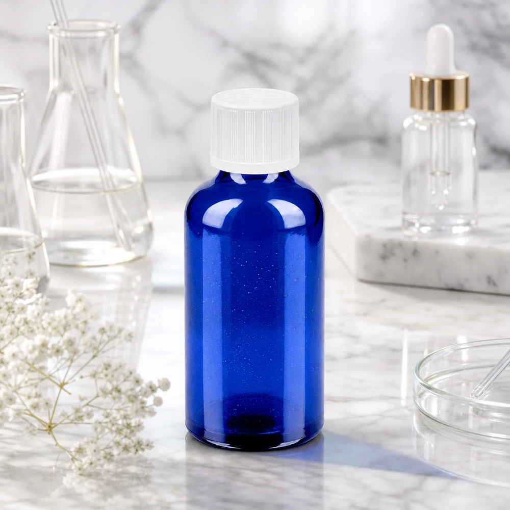 Frasco de vidro compacto de 50 ml com proteção UV graças à coloração azul, ideal para substâncias sensíveis à luz