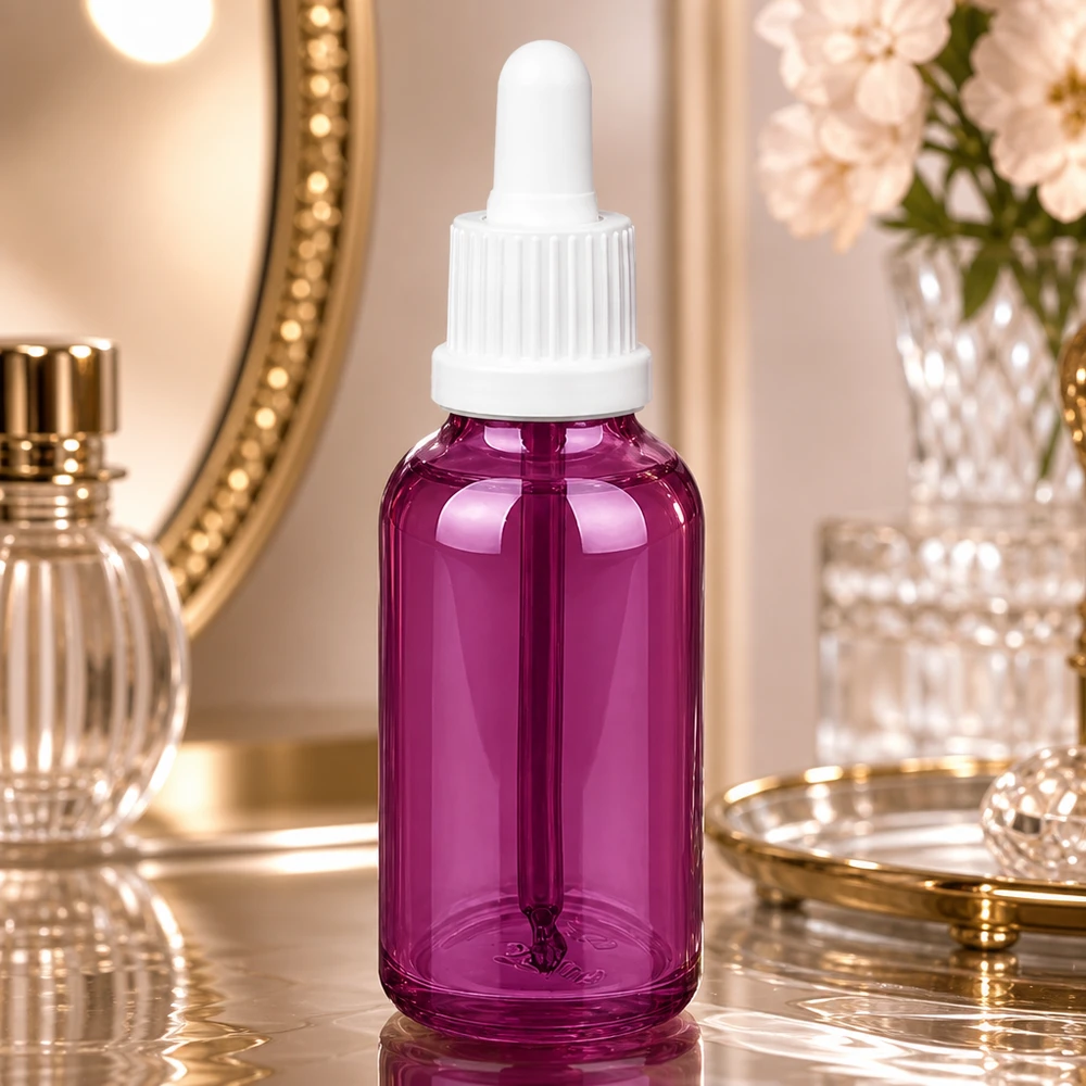 Frasco de pipeta de 30 ml com tampa de rosca de originalidade branca PurpleLine UT18/30 Frasco de pipeta violeta de 30 ml em vidro de alta qualidade com design ergonómico para fácil manuseamento