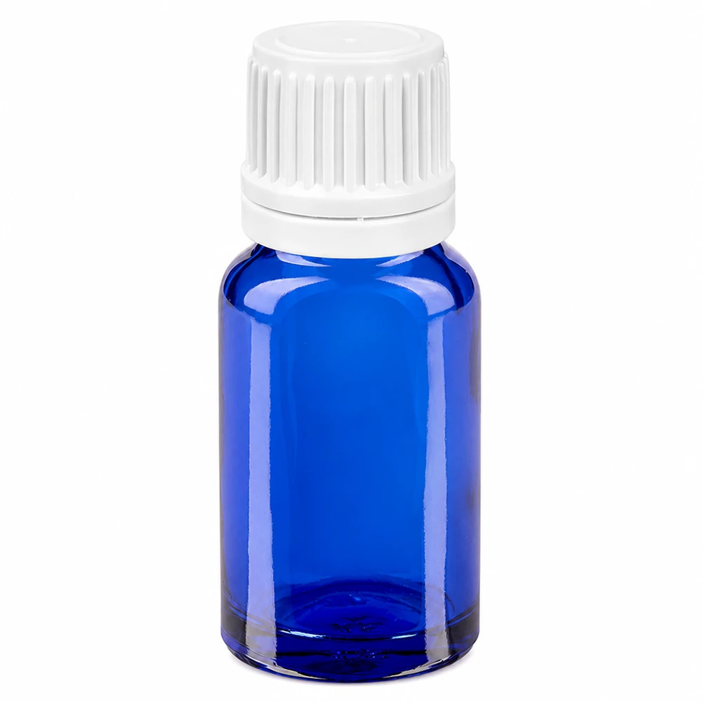 Frasco conta-gotas azul de 10 ml em vidro com tampa branca e abertura de dosagem de 0,7 mm