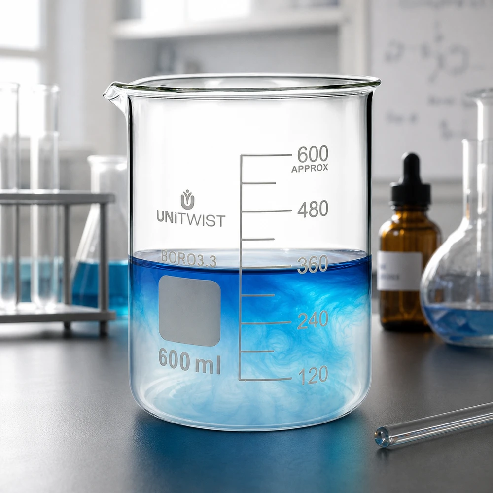 Copo 600 ml de borossilicato, baixo teor de bolor UNiTWIST Copo UNiTWIST de 600 ml, de formato baixo, em vidro Boro3.3, com bico vertedor, sobre a mesa de laboratório