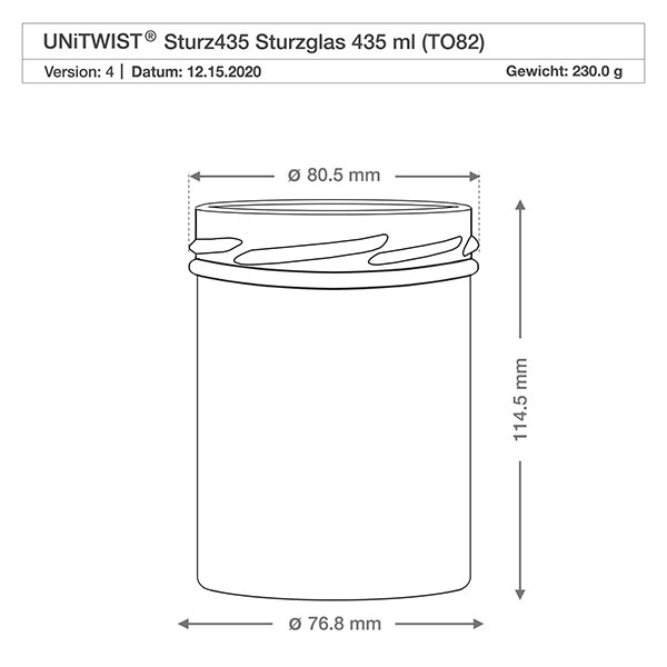 Copos de vidro de 435ml sem tampa (TO82) UNiTWIST Desenho técnico do frasco de conserva UNiTWIST Sturz435 435ml com as dimensões Diâmetro 80,5mm Altura 114,5mm TO82
