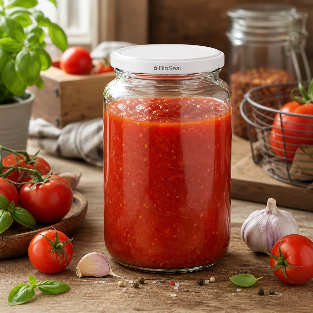 UNiTWIST Runda382 com tampa TO66 BioSeal branca UNiTWIST Runda382 mit hausgemachter Tomatensauce - frische Pasta-Sauce im BioSeal Einmachglas für Küchen-Vorrat