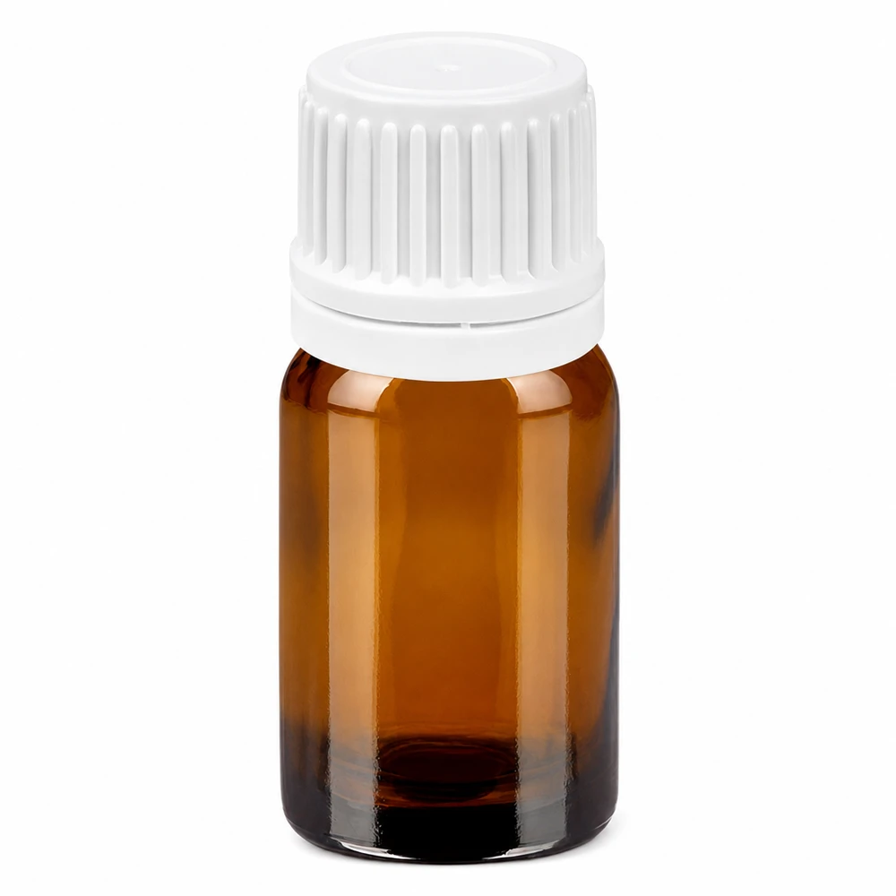 Frasco de 5 ml com tampa de rosca de 11 mm e tampa inviolável branca BrownLine UT18/5 Frasco de vidro castanho de 5 ml com tampa de rosca branca de 11 mm para óleos essenciais e cosméticos