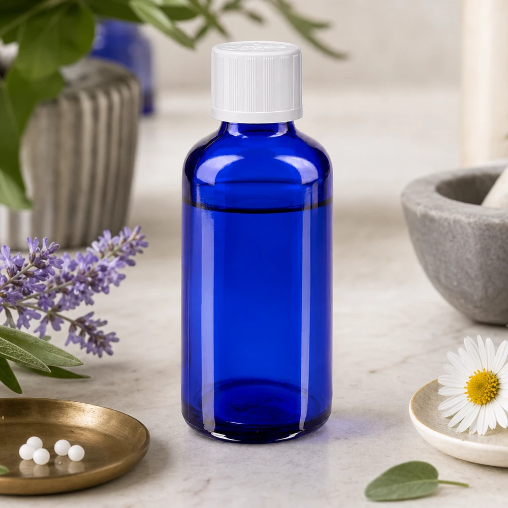 Frasco de farmácia azul de 50 ml com tampa branca à prova de crianças, ao lado de camomila e lavanda
