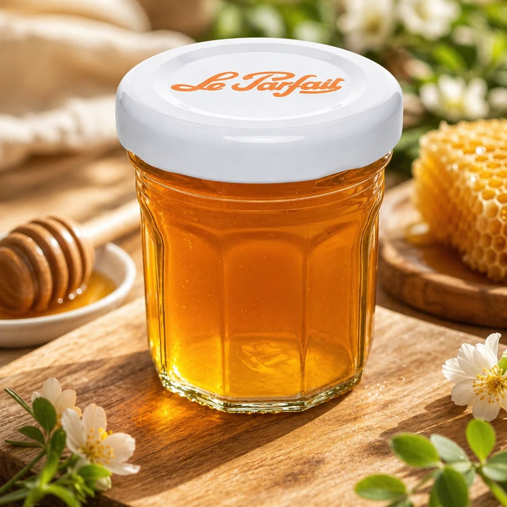 44ml Mini-Sturzglas "Jam" mit Schraubdeckel Le Parfait® Mini copos Le Parfait de 44 ml cheios de mel ao lado de um favo de mel e de uma colher de mel numa mesa de madeira com decoração floral