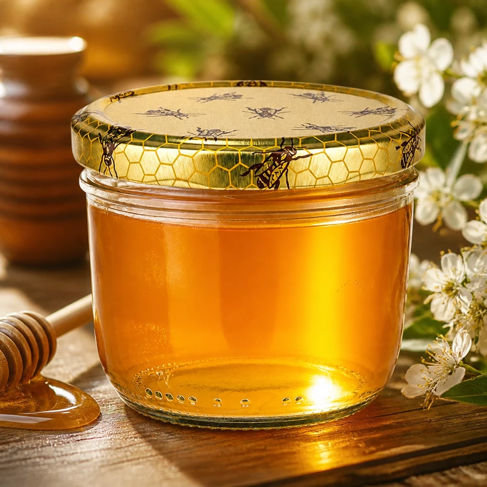 Frasco de vidro de 230 ml com tampa em forma de favo de mel cheio de mel dourado junto a uma colher de mel e flores brancas numa mesa de madeira