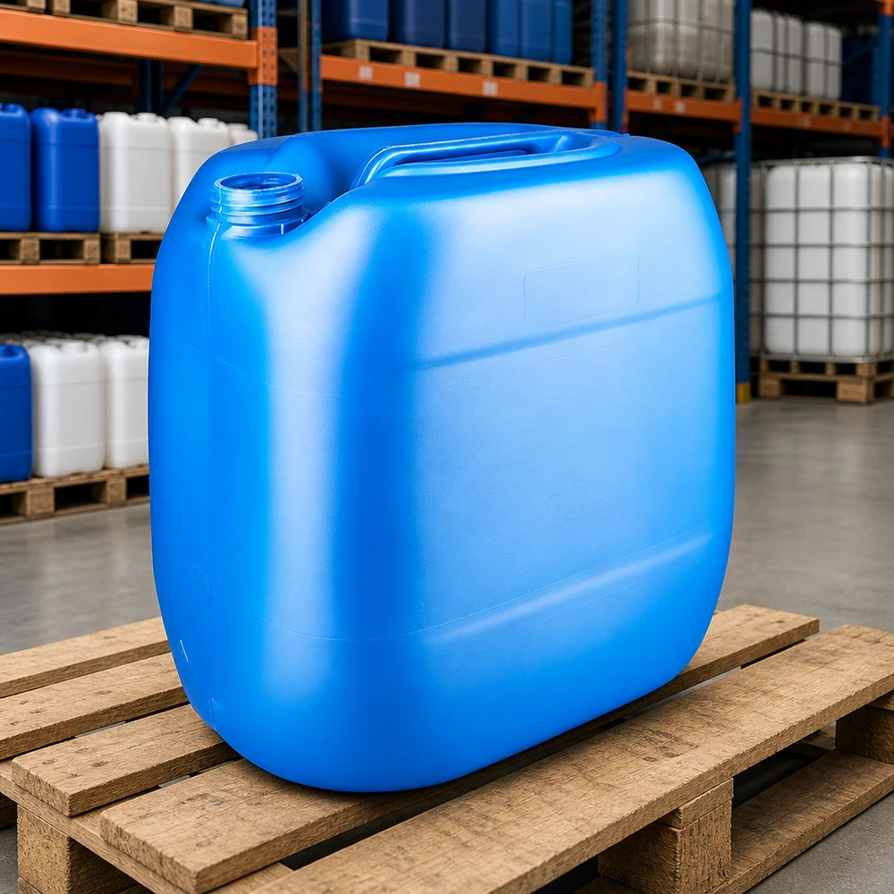 Bidão 30 litros azul sem tampa Recipiente azul empilhável de 30 litros, sem tampa, em HDPE, na prateleira do armazém