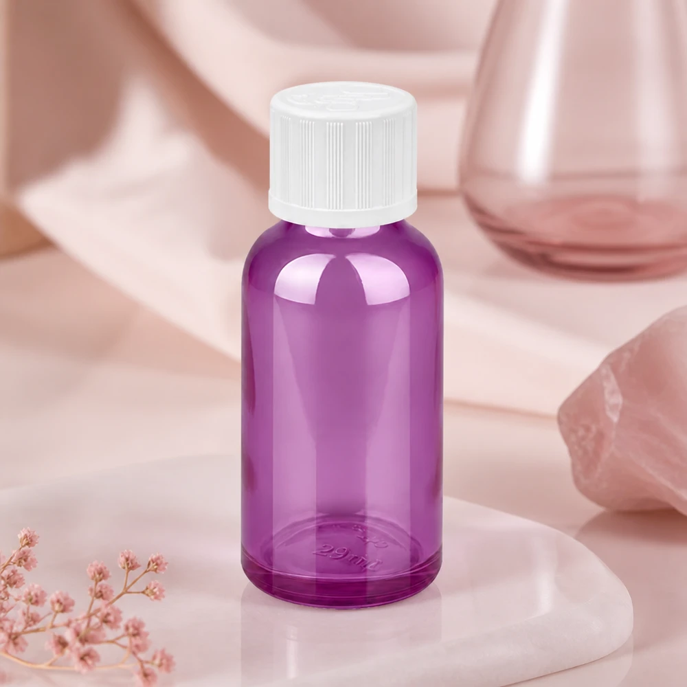 Frasco conta-gotas de 30 ml com 1,2 mm de vidro branco padrão resistente a crianças PurpleLine.UT18/30 Frasco conta-gotas redondo de 30 ml com forma ergonómica e tampa de rosca branca com um elegante design roxo