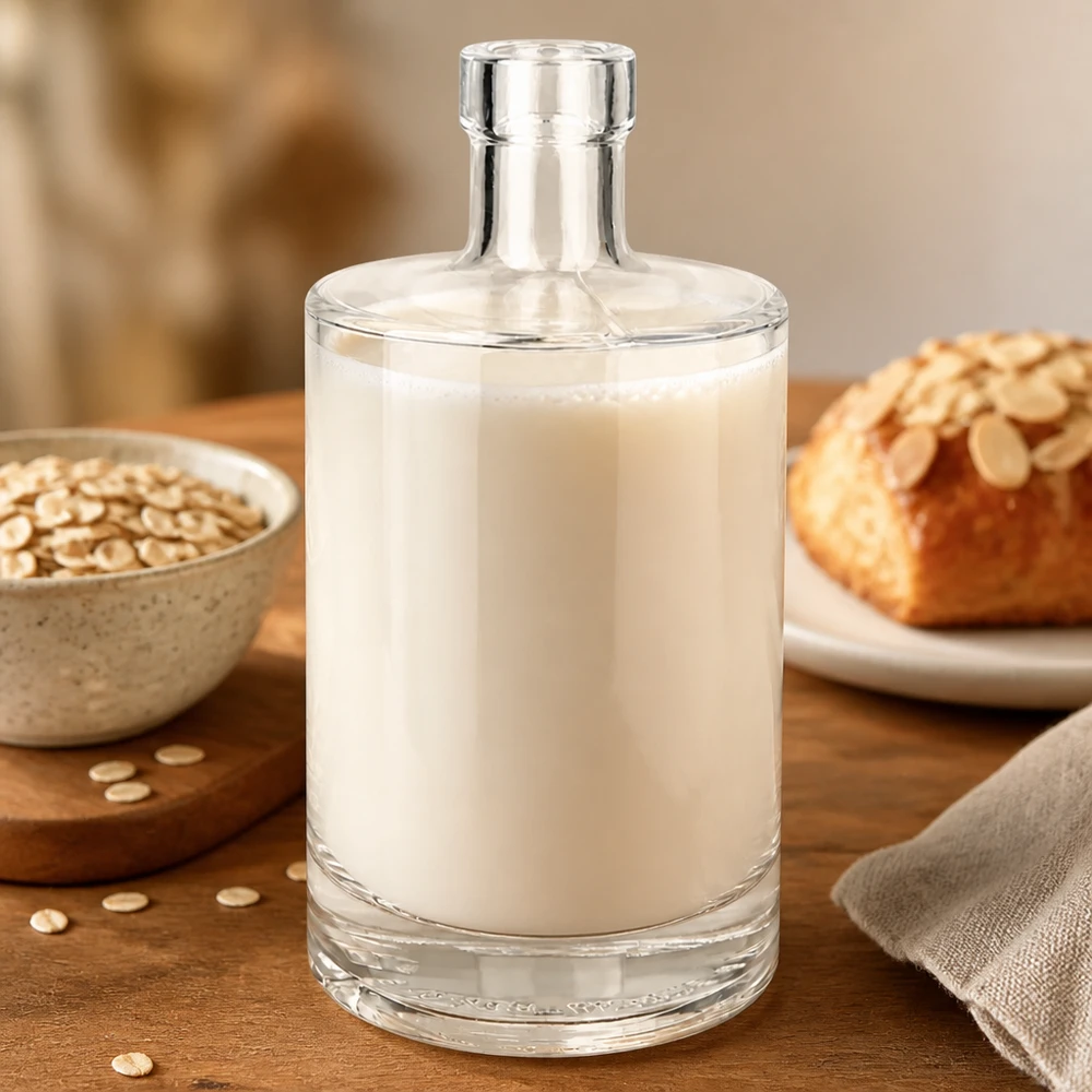 Garrafa de vidro de 500 ml Marie cheia de leite de aveia juntamente com flocos de aveia e pão mostra a versatilidade das alternativas ao leite