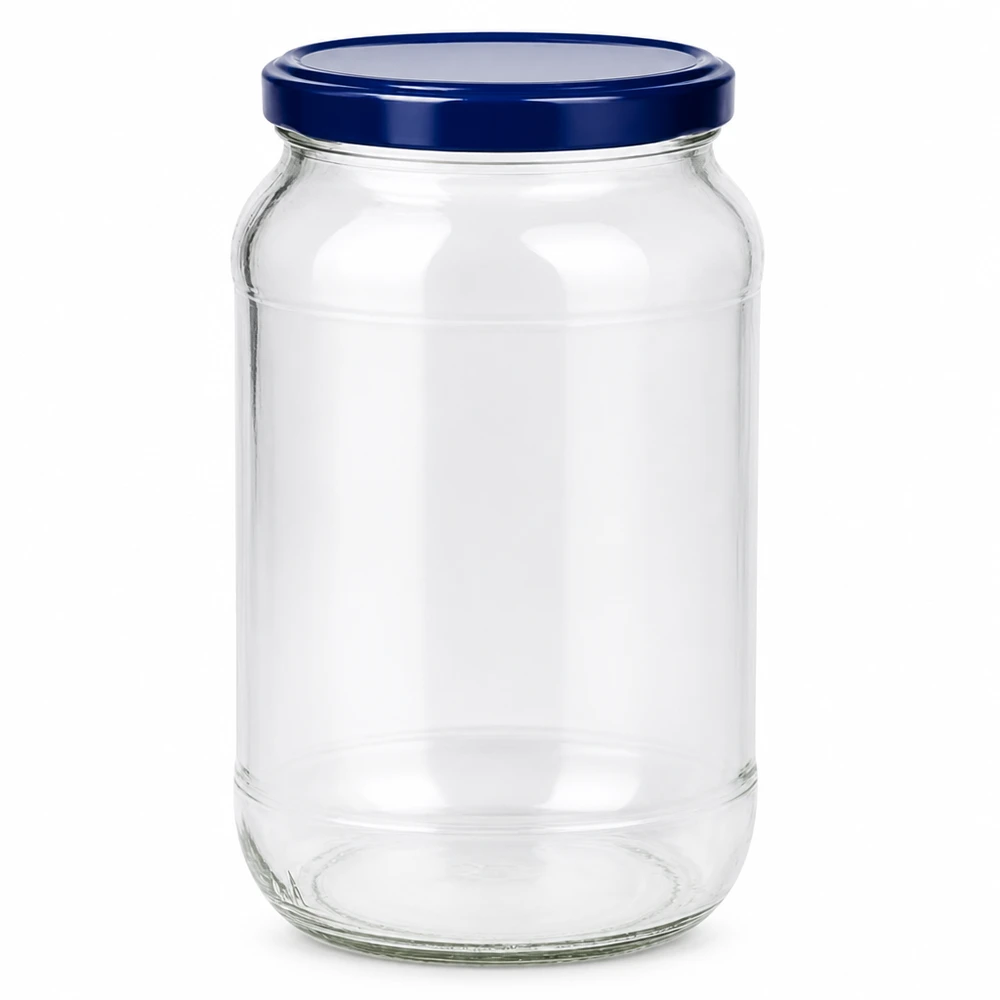 Frasco redondo de 1062 ml + tampa BasicSeal azul UNiTWIST Frasco redondo de 1062 ml para conservas com tampa BasicSeal azul Frasco transparente vazio para conservas UNiTWIST