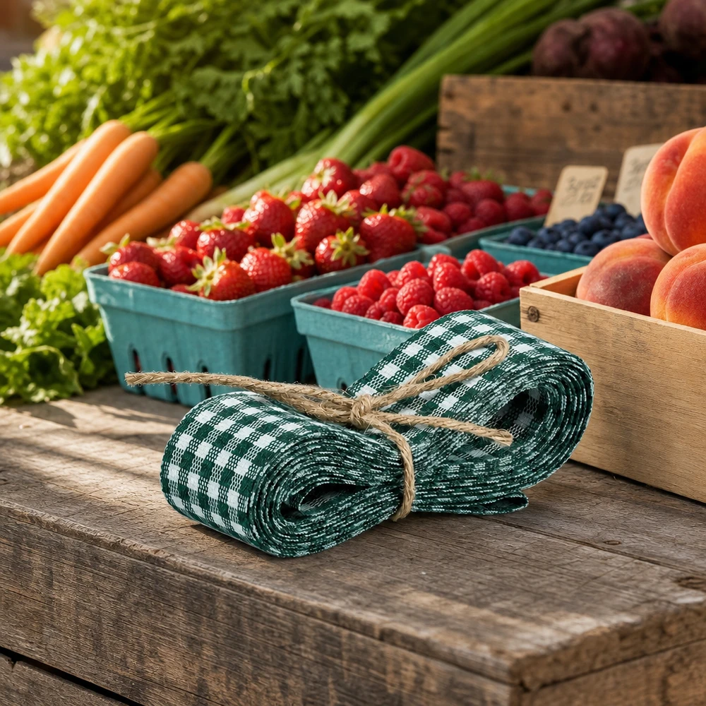 Fita de tecido verde/branca para decoração, 300 cm Fita de tecido verde e branco de 300 cm sobre mesa de madeira com bagas frescas, cenouras e pêssegos para decoração de banca de mercado