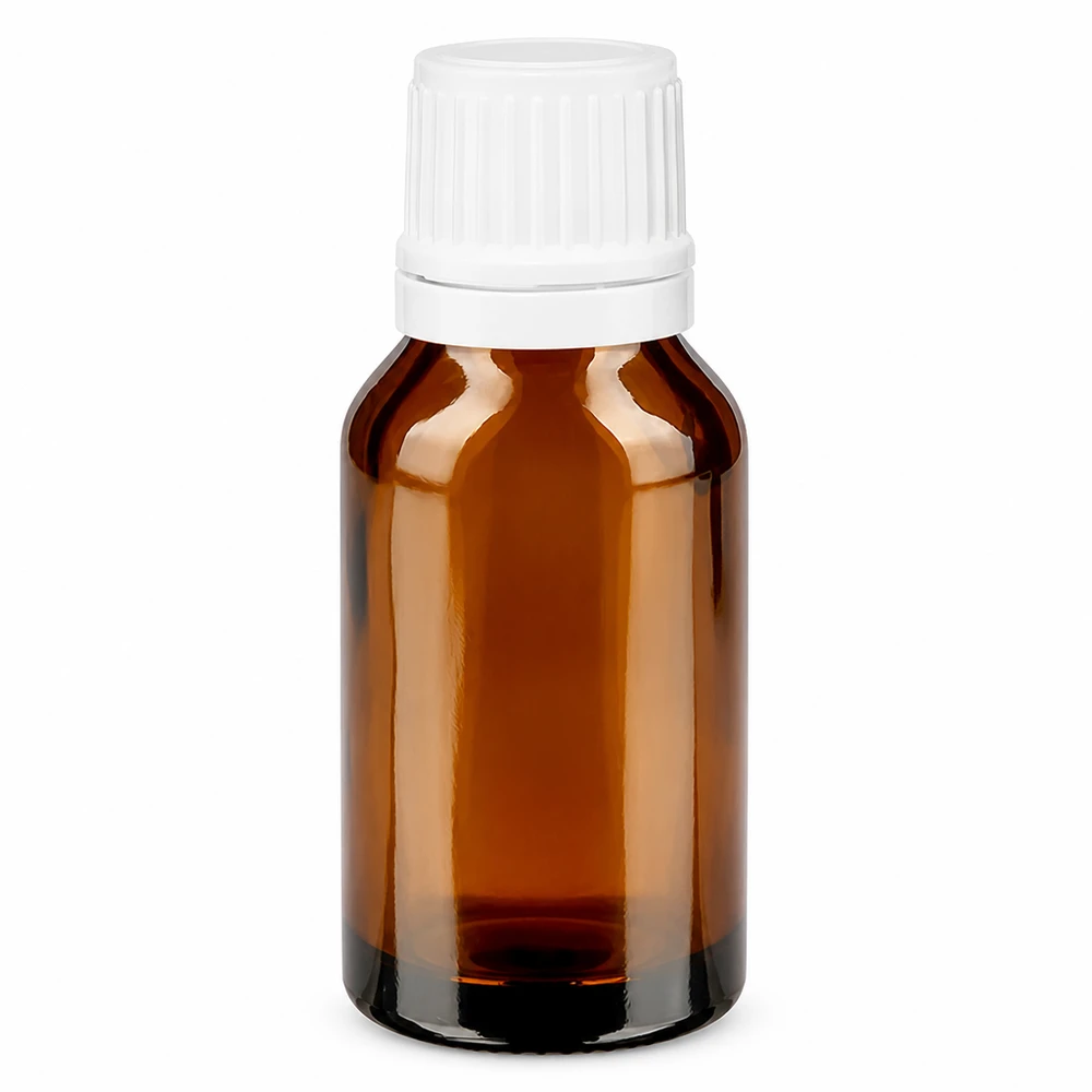 Frasco de farmácia castanho de 15 ml com tampa de segurança branca e conta-gotas de vidro de 1,2 mm