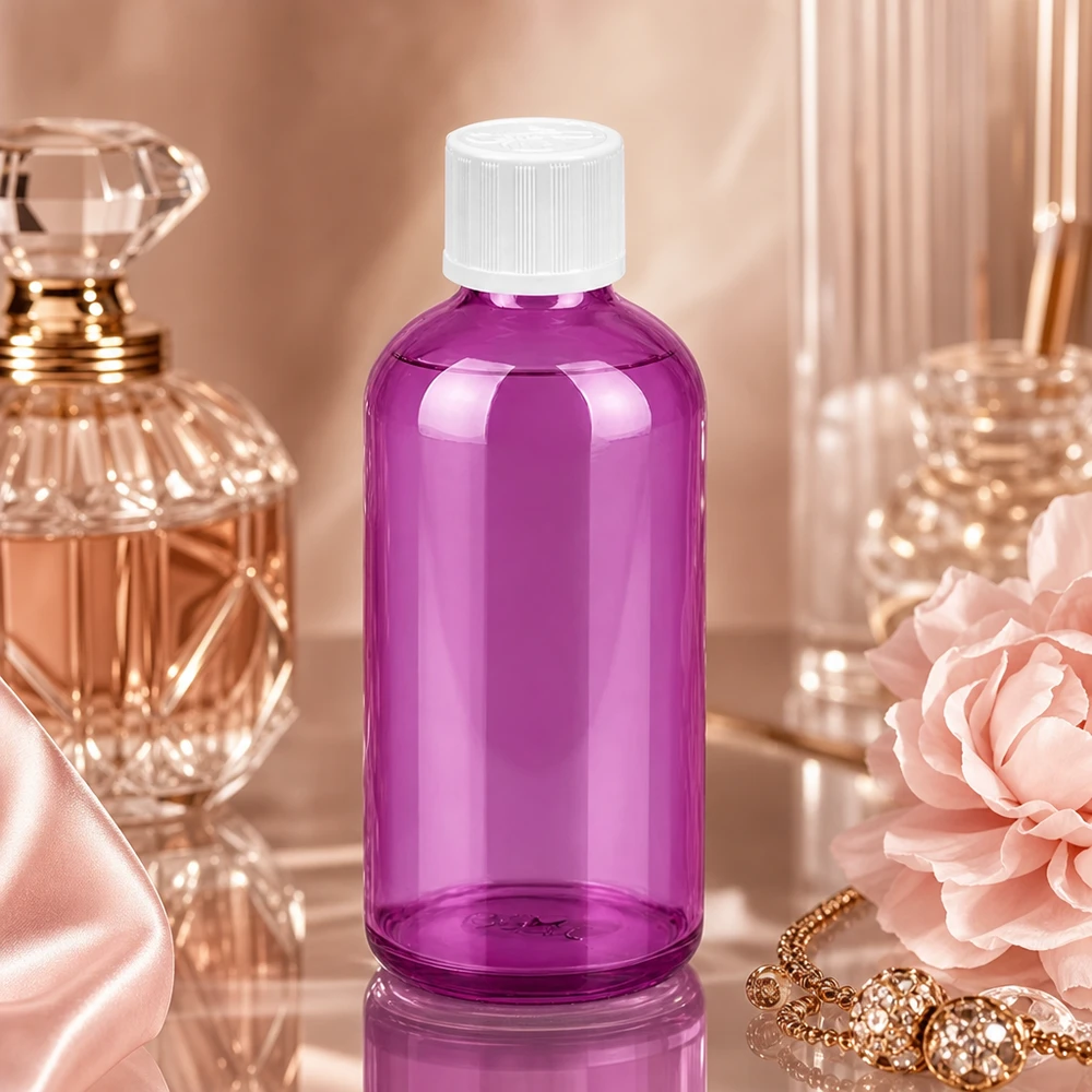 Frasco de vidro compacto de 100 ml em roxo com tampa de conta-gotas precisa de 1,2 mm para aplicações de aromaterapia