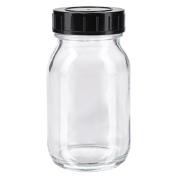 Frasco de vidro transparente com gargalo largo de 100ml com tampa de rosca