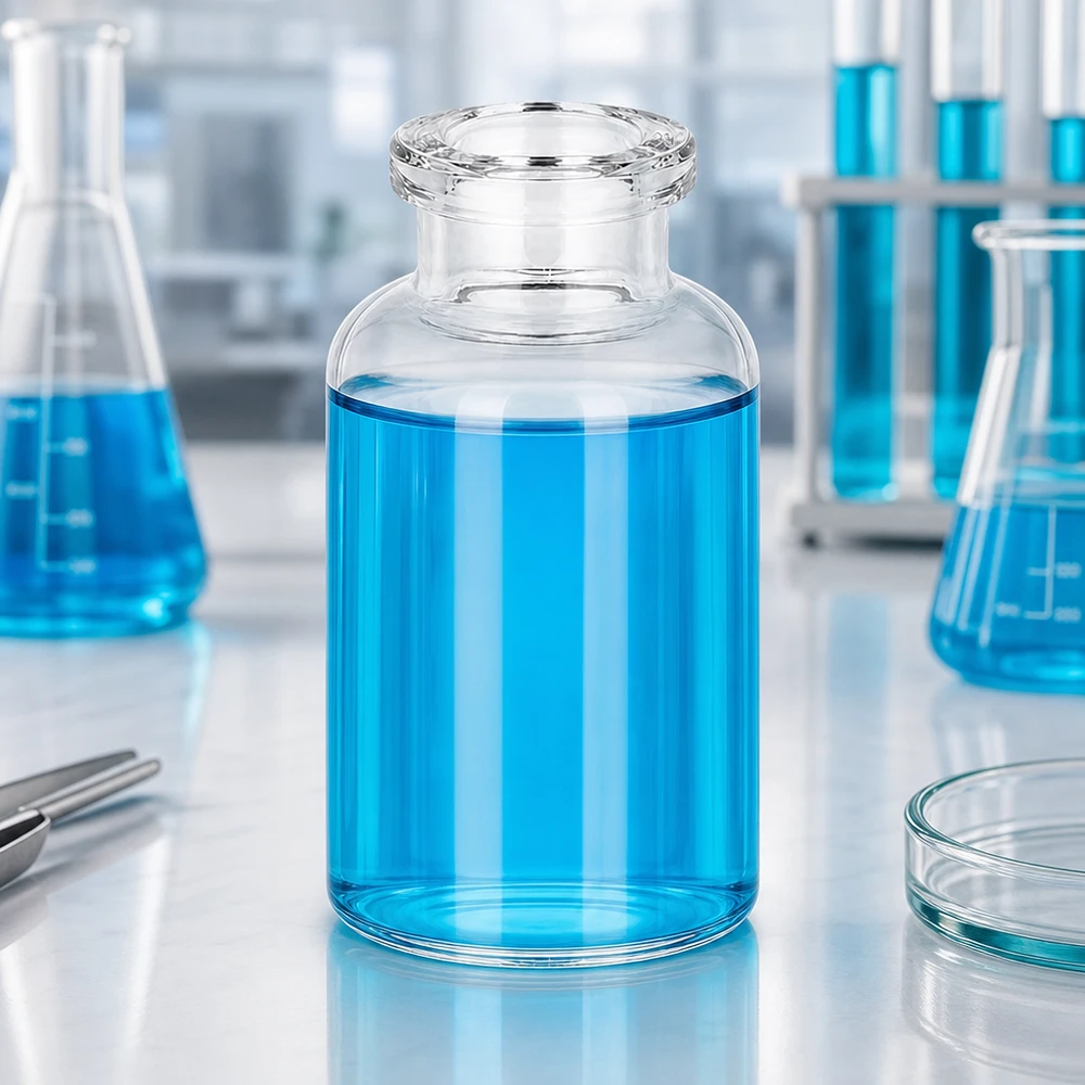 Frasco de injeção de vidro transparente 20ml Injektionsvial 20ml Klarglas auf weißer Laborbank neben Petrischale und Pinzette