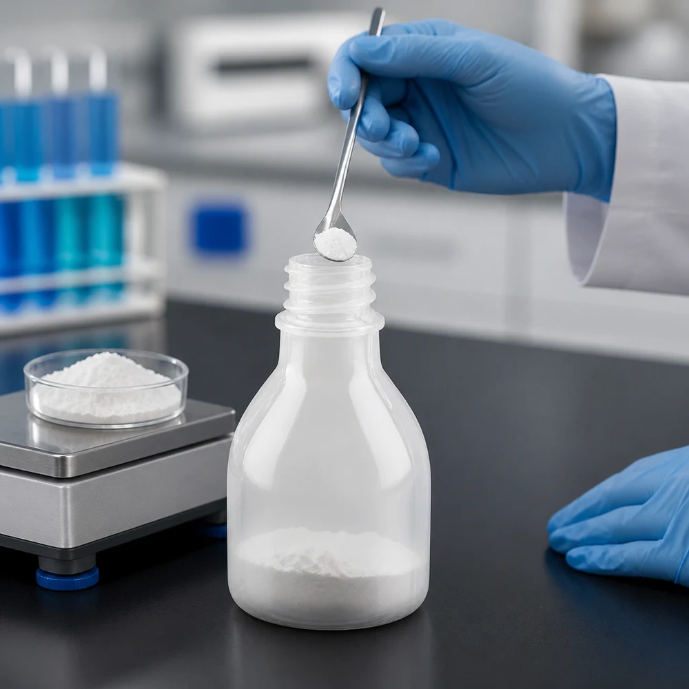 Frasco de laboratório pequeno e branco, de 20 ml, de gargalo estreito, é enchido com pó branco num laboratório profissional