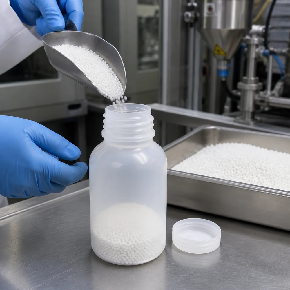 Frasco transparente de 100 ml de boca larga, em plástico HDPE, com nível de enchimento visível, para amostras de laboratório