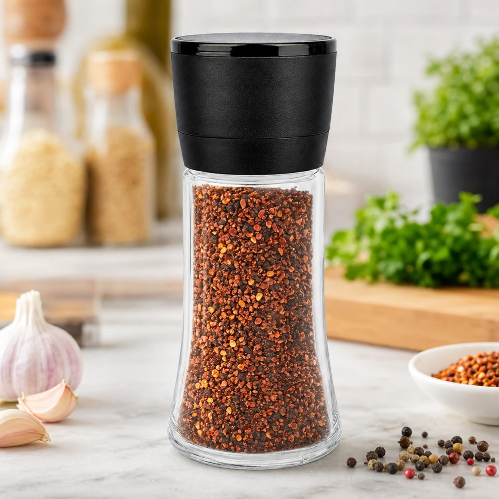 Frasco para sal/especiarias de 95 ml com moinho Vario preto Moinho preto Vario num frasco de vidro transparente de 95 ml, cheio de flocos de malagueta vermelha, num cenário de cozinha