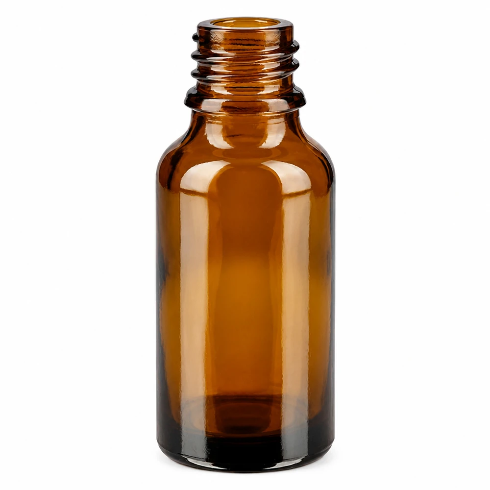 Frasco de farmácia castanho de 20 ml em formato alto ApoGlas vazio sem tampa sobre fundo branco