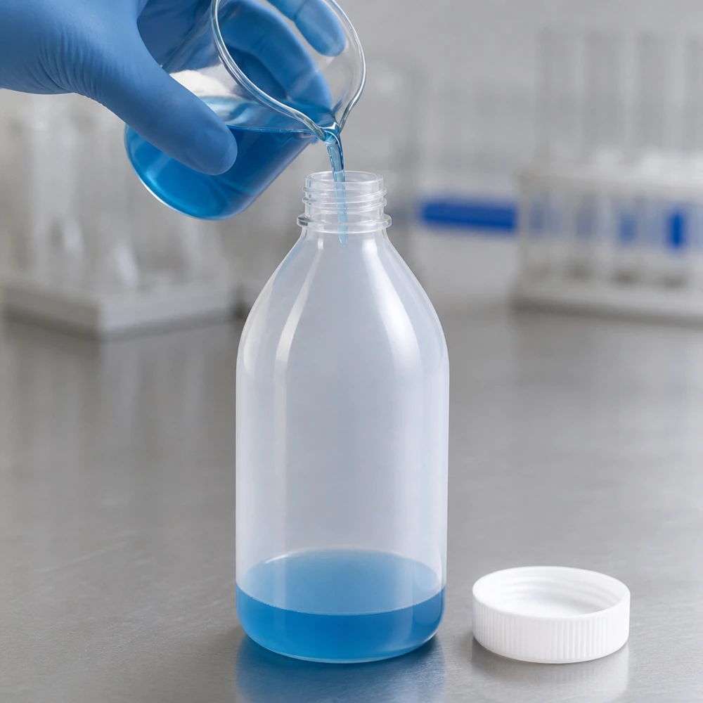Um técnico de laboratório verte um líquido azul de um copo de precipitados para um frasco de laboratório de gargalo estreito de 500 ml, usando uma luva azul