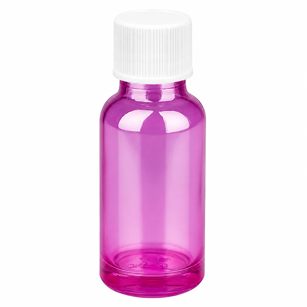 Frasco de 20 ml com tampa de rosca de 11 mm branco padrão PurpleLine UT18/20 Frasco de vidro violeta de 20 ml com tampa de rosca branca para óleos essenciais e cosméticos