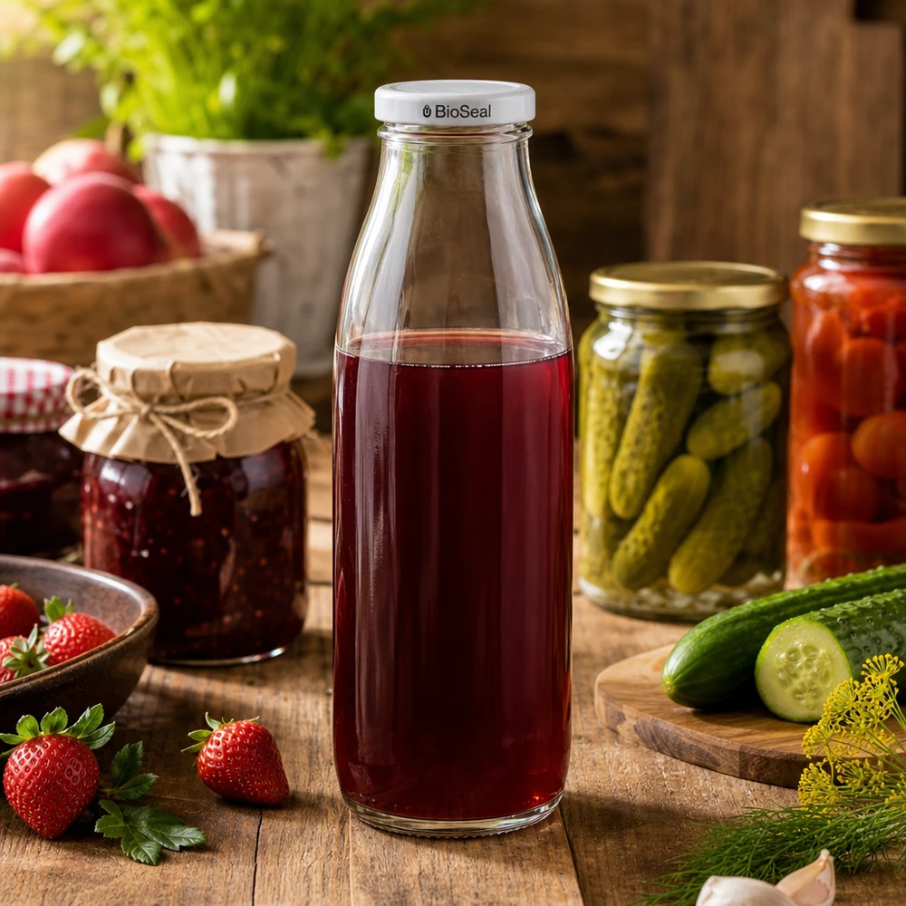 Garrafa de vidro de 500 ml cheia de sumo vermelho, tampa BioSeal branca, rodeada de frascos de conserva e pepinos frescos