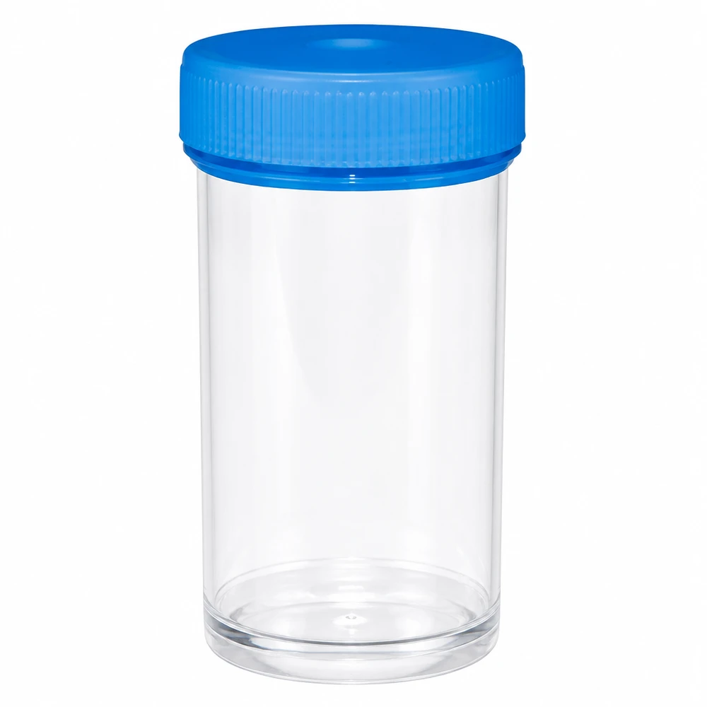 Frasco de plástico universal (recipiente patológico) 50ml Frasco de plástico transparente de 50 ml com tampa de rosca azul para amostras médicas