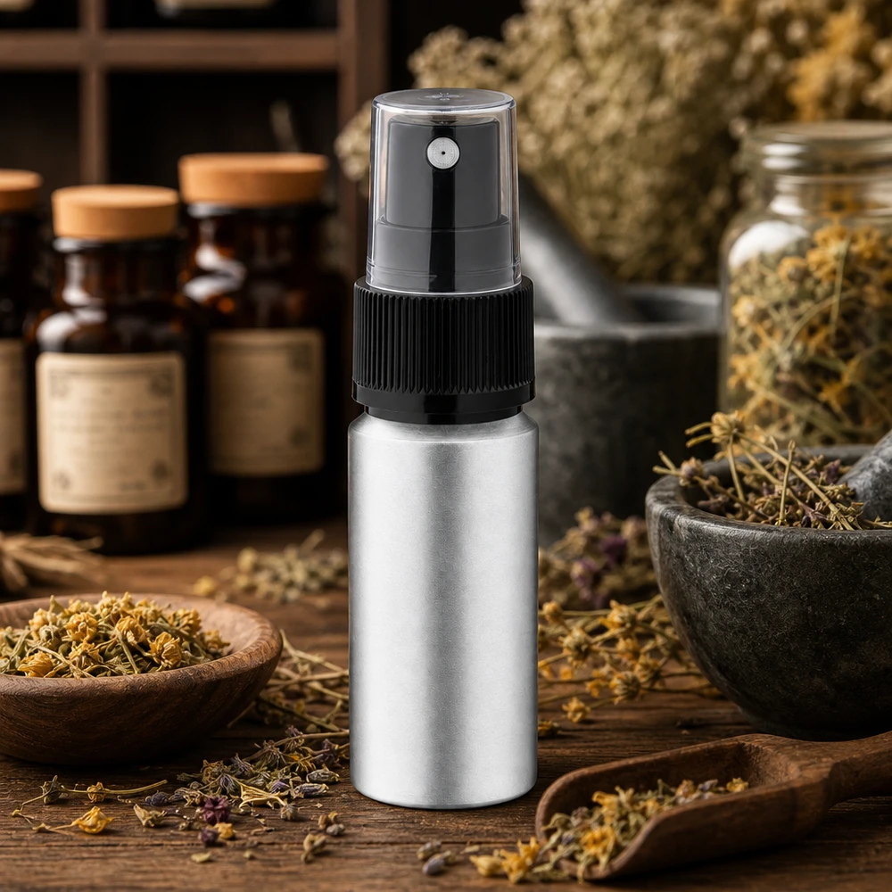 Frasco de alumínio de 20 ml em prateado mate com um bocal de pulverização transparente para essências de ervas naturais