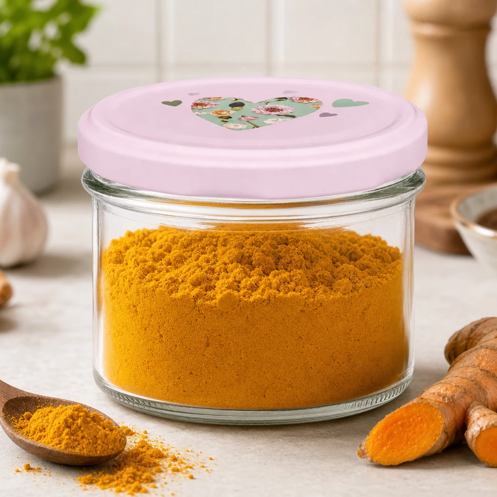 Copos de vidro de 225 ml + tampa BasicSeal cor-de-rosa UNiTWIST Açafrão-da-terra em pó num frasco de 225 ml com uma tampa cor-de-rosa em forma de coração, na cozinha, ao lado das raízes frescas de açafrão-da-terra