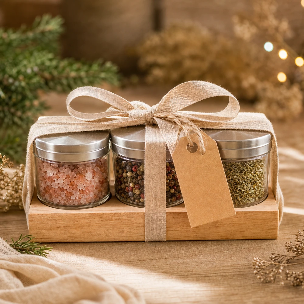 Conjunto de oferta de tábua de servir Plano3 com especiarias em frascos WECK - Sal pimenta dos Himalaias em caixa de madeira com laço