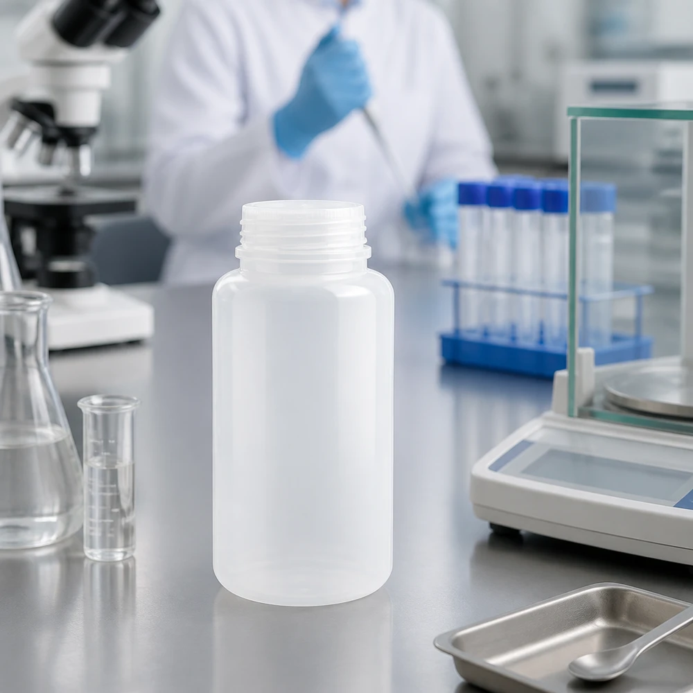 Frasco de laboratório de 1000 ml com gargalo largo e sem tampa Frasco de laboratório branco como o leite, de 1000 ml, de gargalo largo, sem tampa, em frente a um microscópio e a uma balança de laboratório