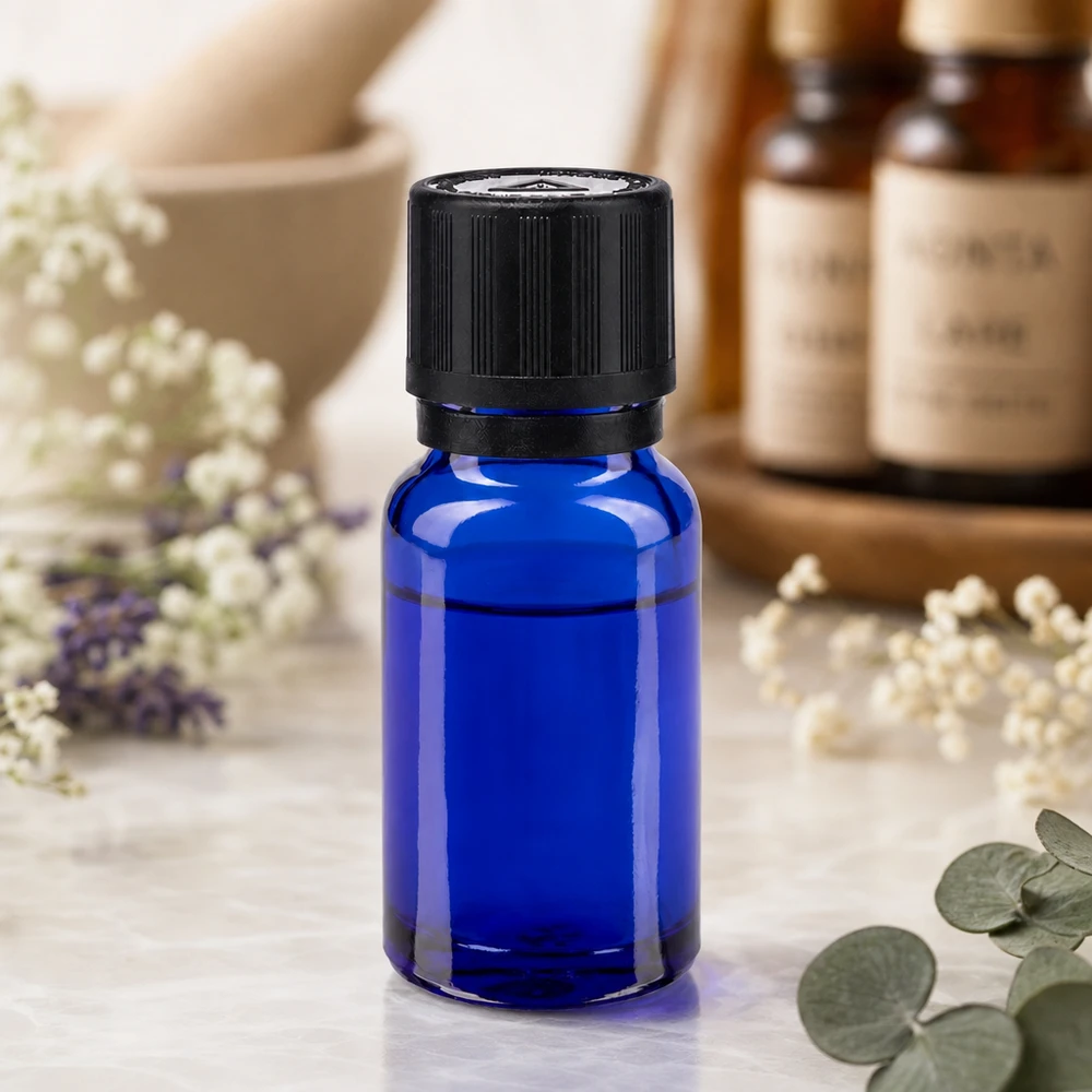 Frasco conta-gotas de 10 ml em vidro farmacêutico azul cobalto com tampa de rosca preta para óleos essenciais