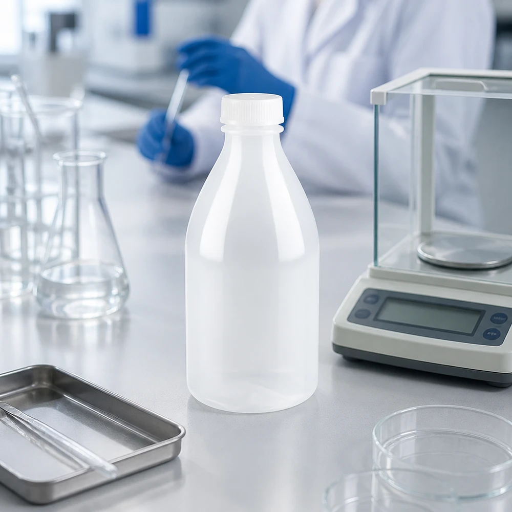 Pequeno frasco de laboratório de 100 ml com gargalo estreito, em plástico HDPE, ao lado de uma balança analítica num laboratório de investigação