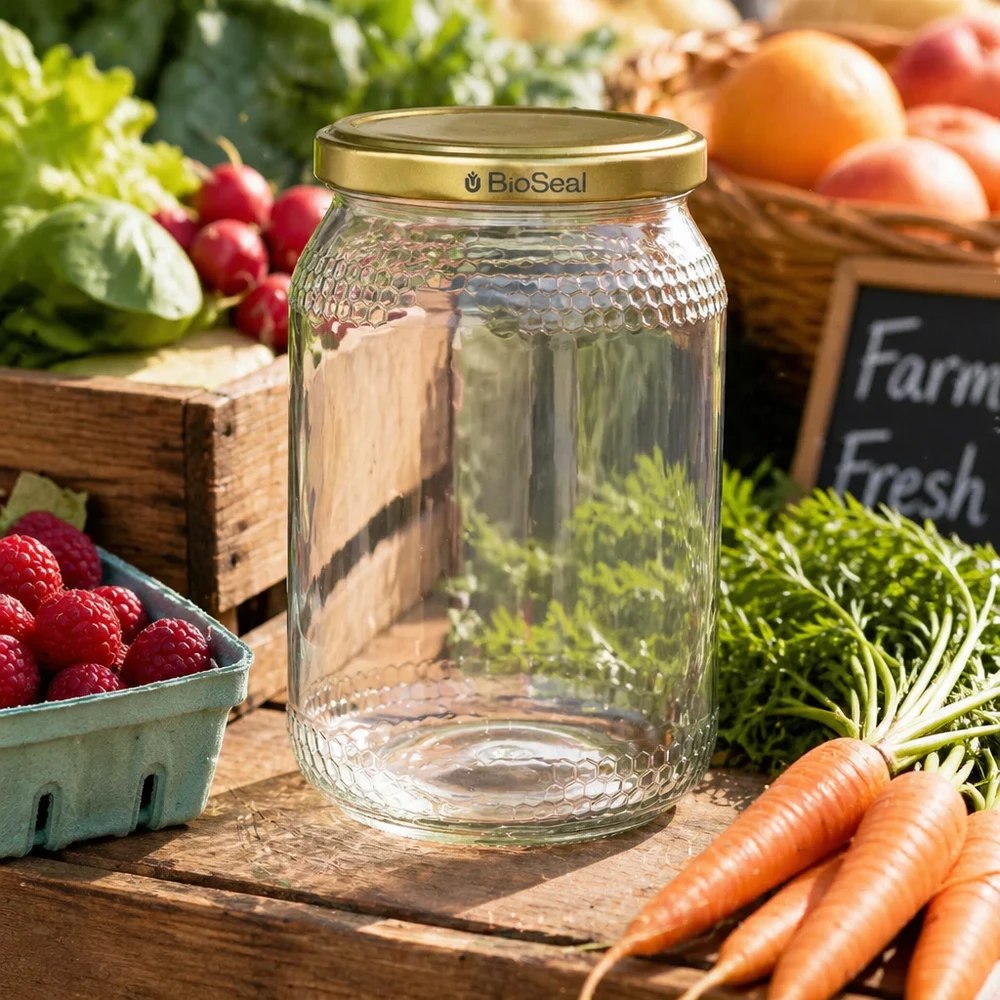 Frasco de mel de 900 ml com tampa BioSeal dourada entre legumes frescos morangos cenouras rabanetes ambiente de mercado de agricultores