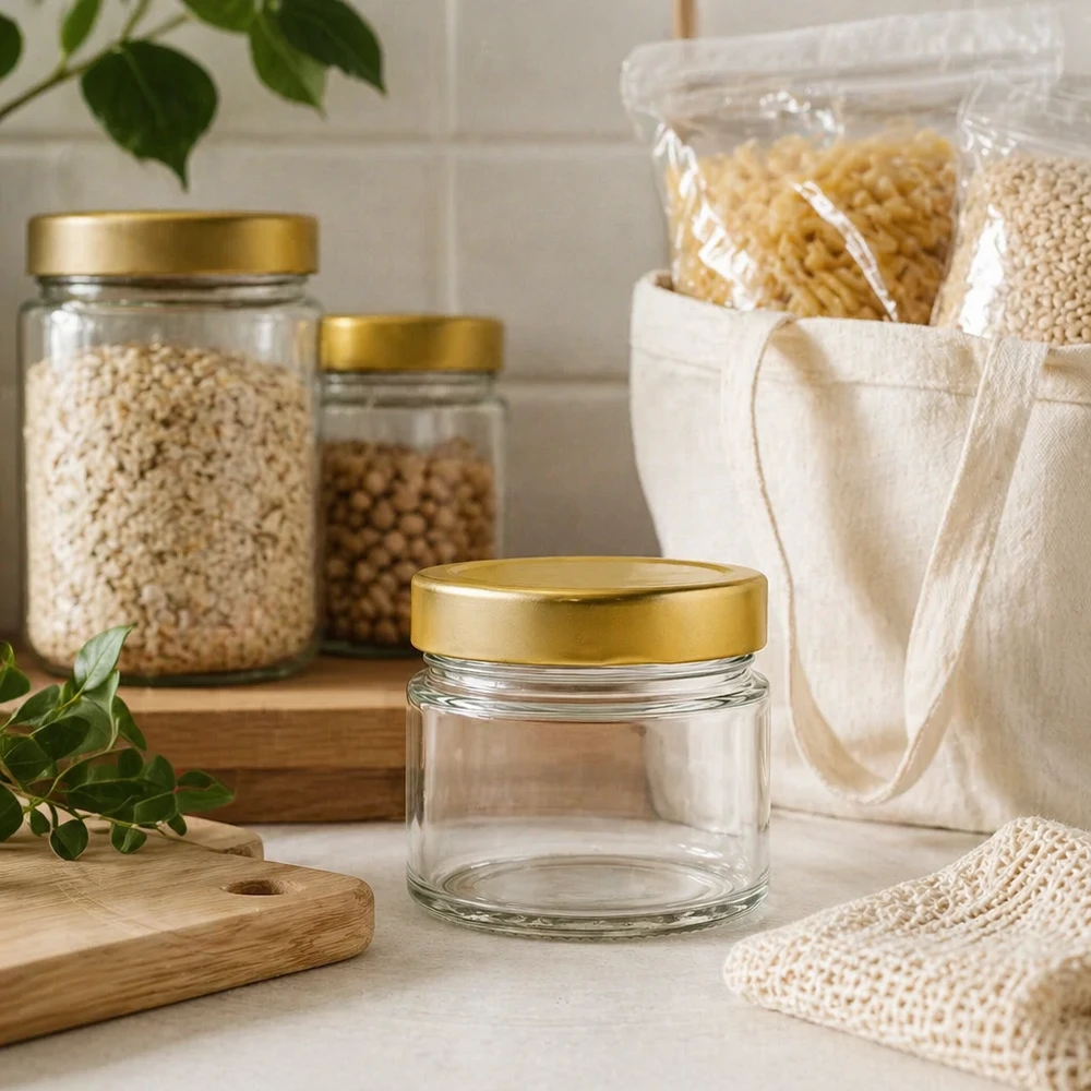 Frasco redondo pequeno de 80 ml com tampa BasicSeal dourada em ambiente de cozinha sustentável com utensílios de arrumação