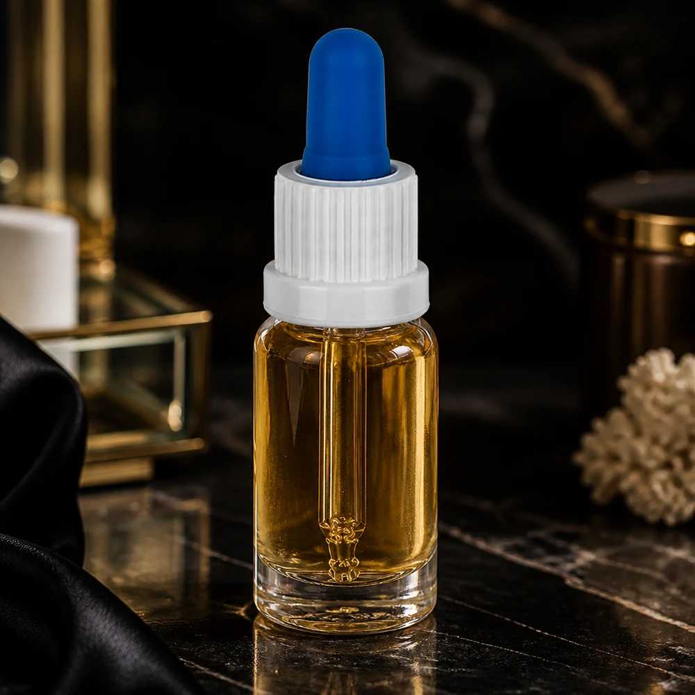 Elegante frasco de pipeta de vidro transparente de 10 ml com óleo âmbar sobre fundo de mármore preto