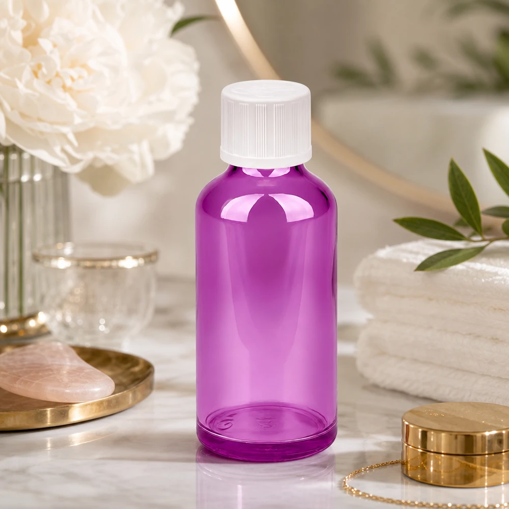 Frasco conta-gotas de 50 ml com 1,2 mm de vidro branco padrão resistente a crianças PurpleLine.UT18/50 Frasco conta-gotas elegante de 50 ml em roxo com uma forma fina para uma apresentação elegante do produto