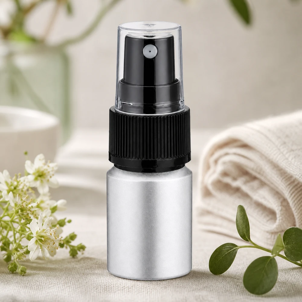 Frasco de alumínio polido de 10ml com atomizador Frasco compacto de alumínio de 10 ml com cabeça atomizadora transparente para utilização móvel de perfume