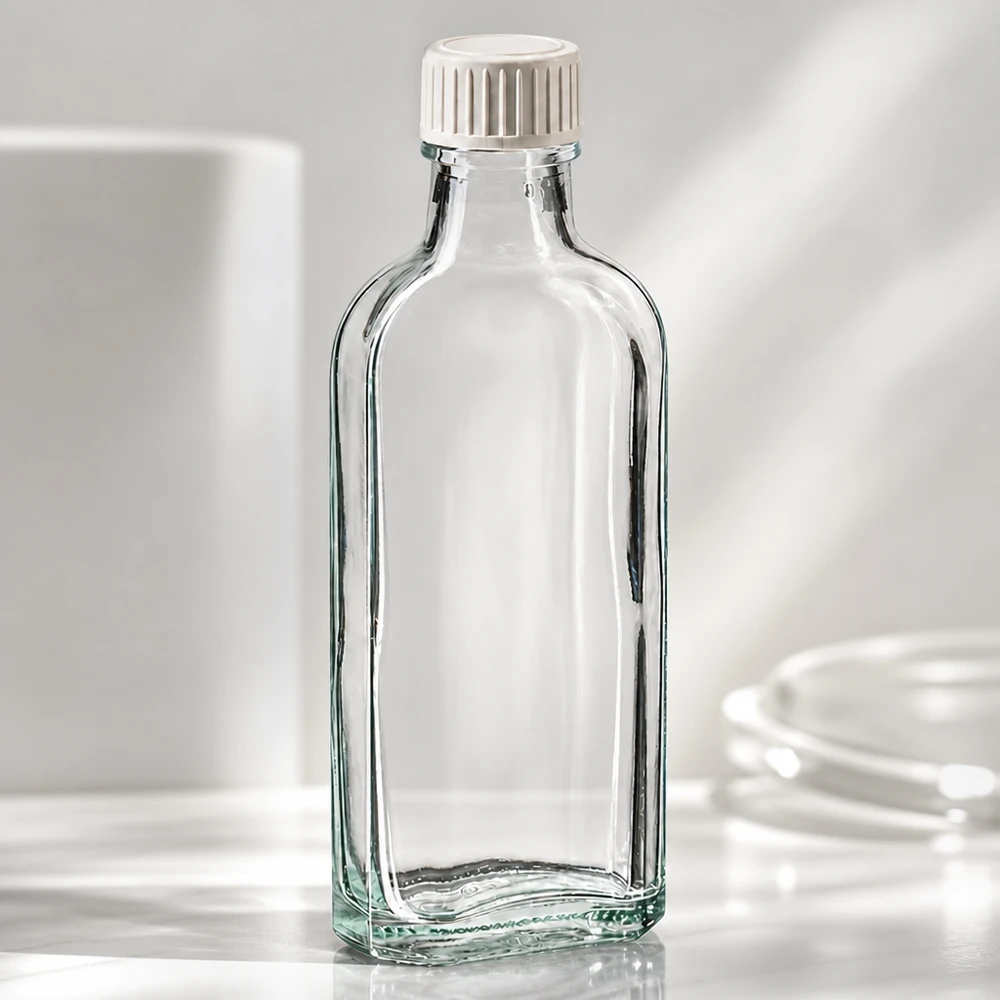 Tampa de rosca transparente Meplat de 100 ml com inserção de espuma PE Frasco de vidro transparente de 100 ml, de formato achatado, com tampa de rosca branca em PE