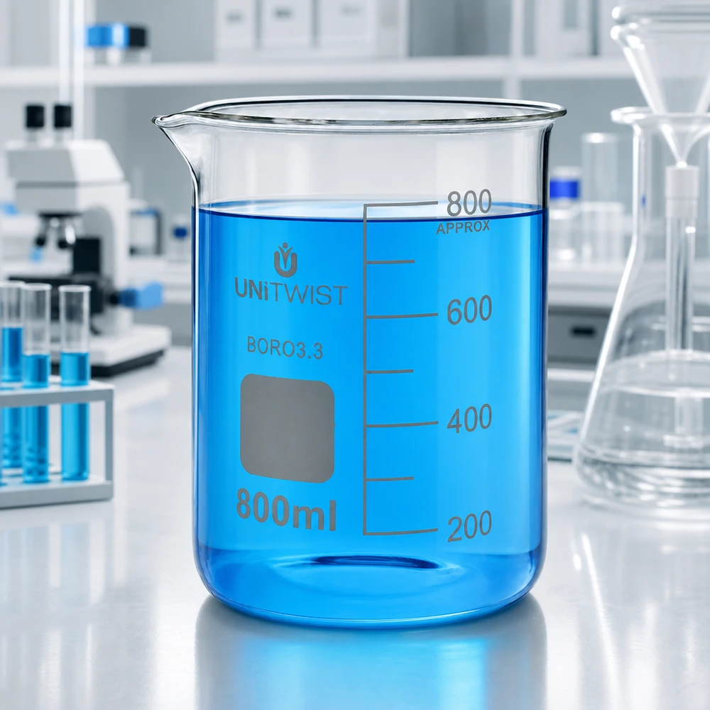 Copo 800 ml de borossilicato, baixo teor de bolor UNiTWIST Copo de vidro UNiTWIST de 800 ml, de borossilicato, de formato baixo, com líquido azul num laboratório