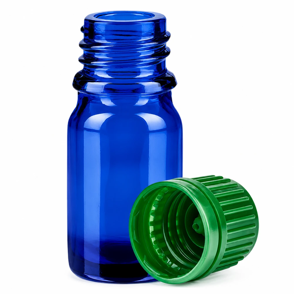 Frasco de 5 ml com tampa de rosca de 11 mm verde com fecho inviolável BlueLine UT18/5 Frasco de aromaterapia azul de 5 ml com tampa verde para óleos perfumados e essências